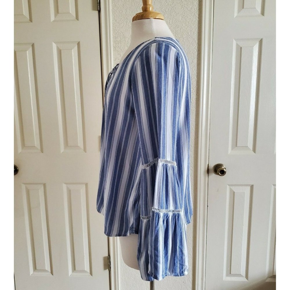 Hollister Womens Stripe Tie Front Bohemian Long Bell Sleeve Tunic Top Size L - Picture 3 of 6